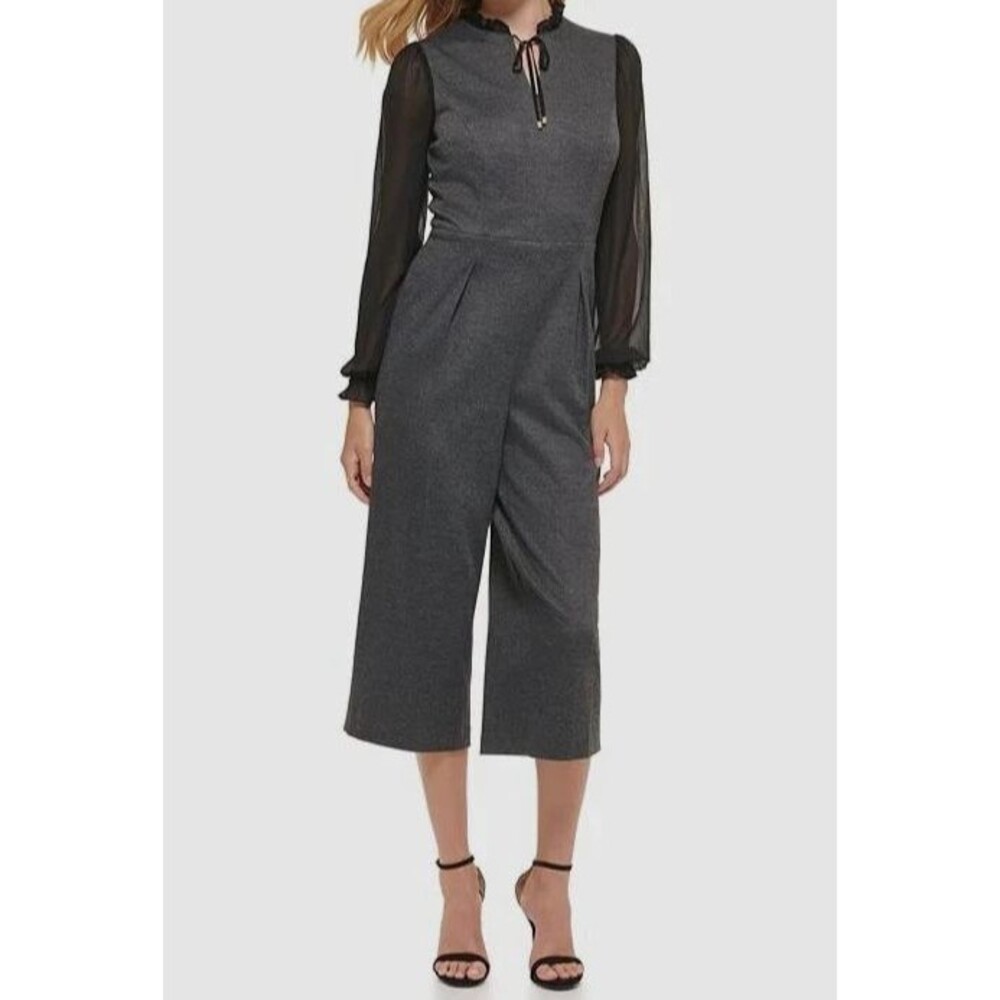 Tommy Hilfiger Women's Jumpsuit 8 NWT Gray Herringbone Wide Leg Chiffon Sleeve